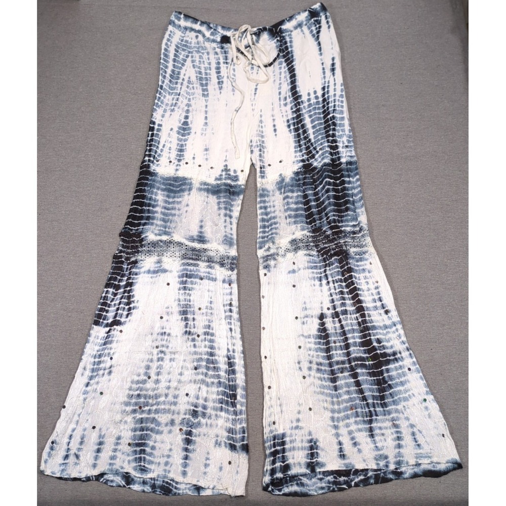 Anthropologie RAGA Black Gray WhiteTie Dye Wide Leg Flare Embroidery Lace Sequin